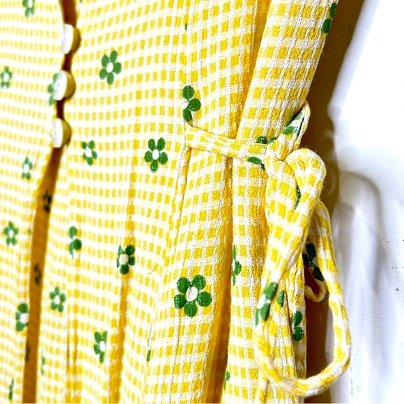 Vintage 90s Flower Power Gingham Maxi Dress Layers Gathers Ties Yellow Stretch S - Picture 5 of 7